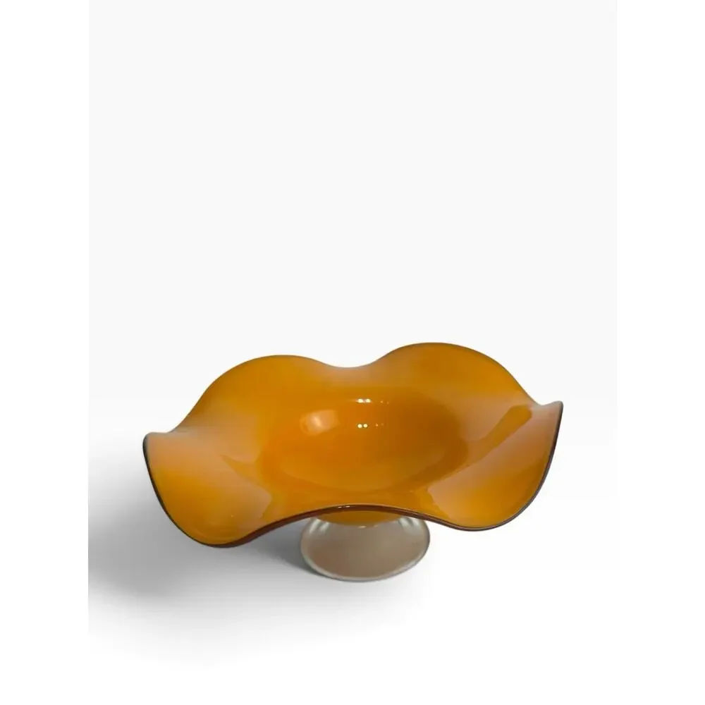 Bohemian Tango Art Glass Tangerine Orange Ruffled Footed Pedestal Compote Bowl